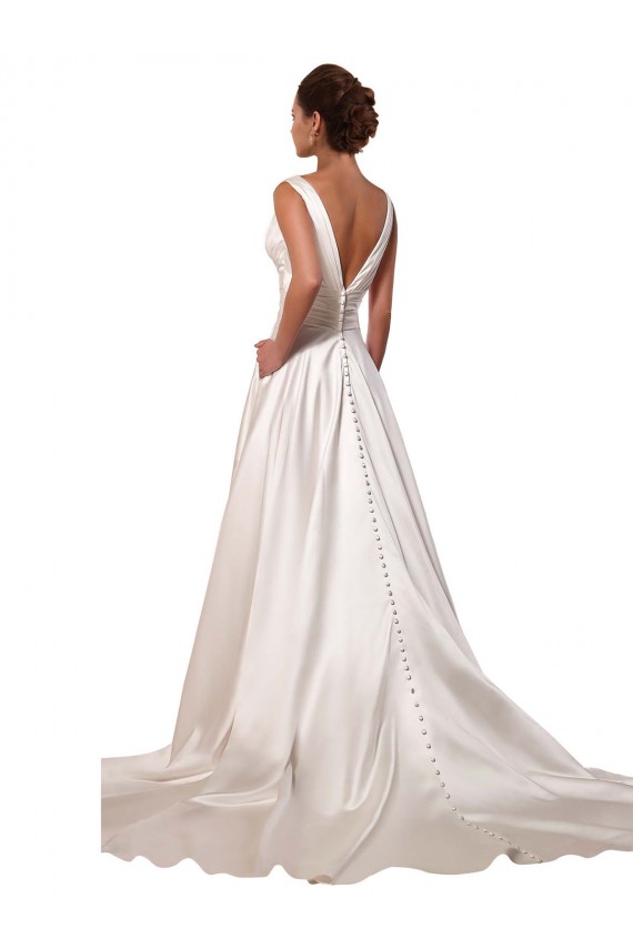 Cheap Deep V-Neck A-Line Satin Wedding Dress with Pockets UK