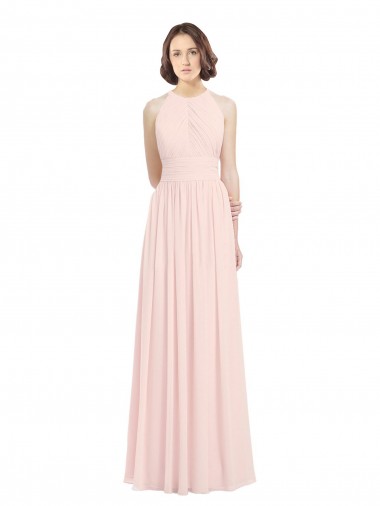 Cheap Sleeveless Chiffon High Neck Bridesmaid Dress with Diagonal Pleats UK