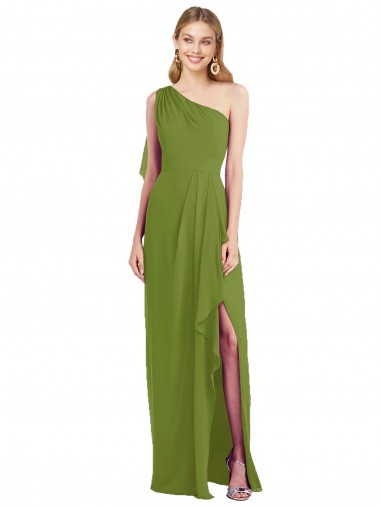 Cheap One Shoulder Chiffon Bridesmaid Dress with Draped Front Slit UK