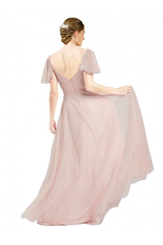 Cheap Long V-Neck Flutter Sleeves Tulle Bridesmaid Dress UK