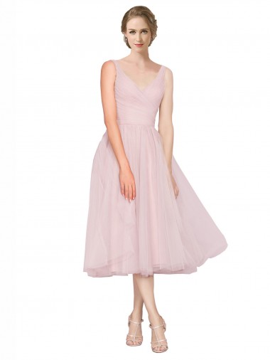 Cheap Short Tea Length Wide Strap Plunge Cross Over Neckline Tulle Cocktail Bridesmaid Dress UK