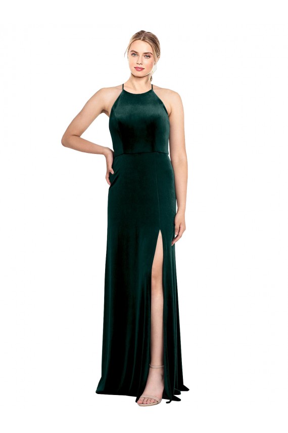 Cheap Long Jewel Neck Full Length Velvet Bridesmaid Dress / Prom Dress with Side Slit UK